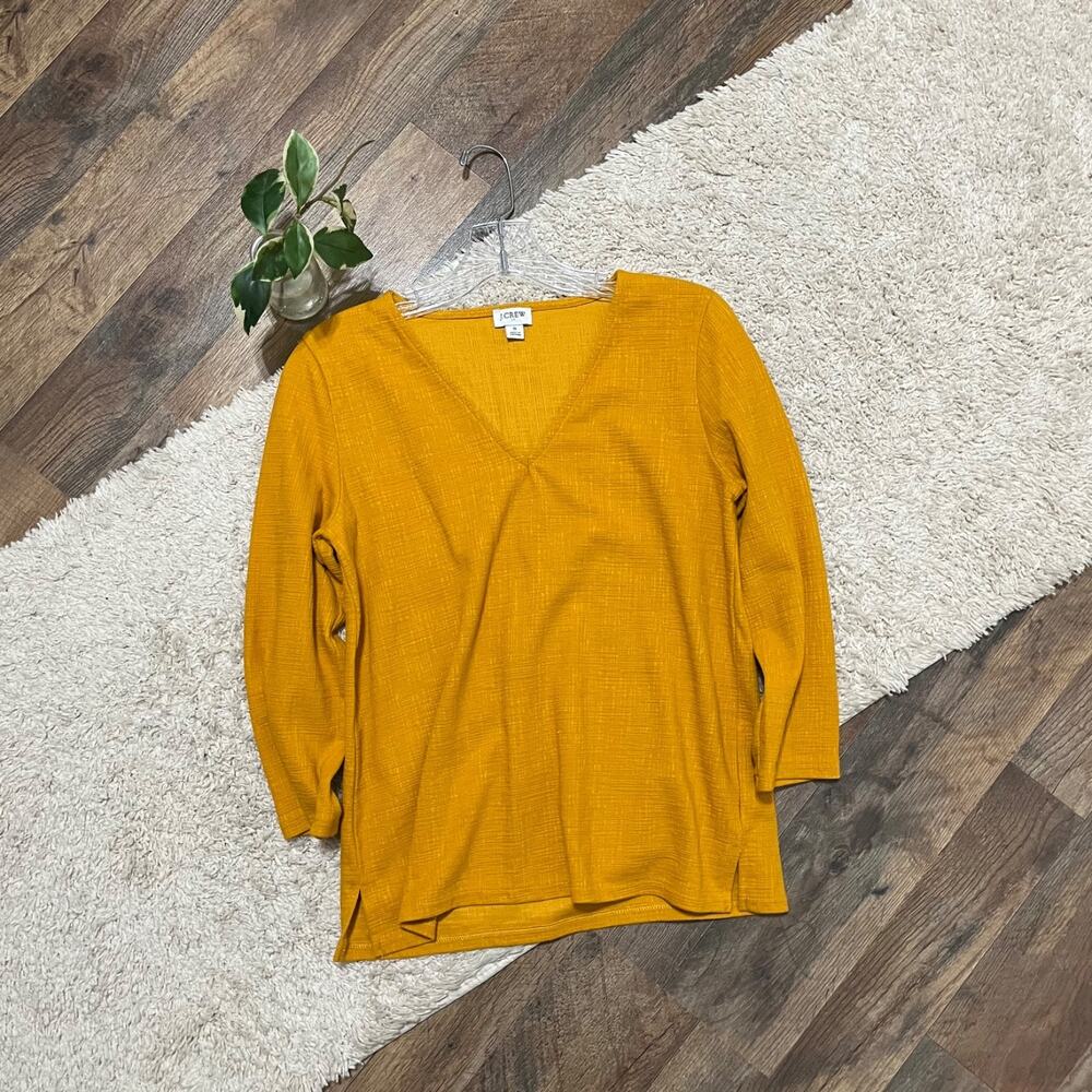 J.Crew Size Small Mustard Yellow Textured V-Neck 3/4 Sleeve Pullover Top